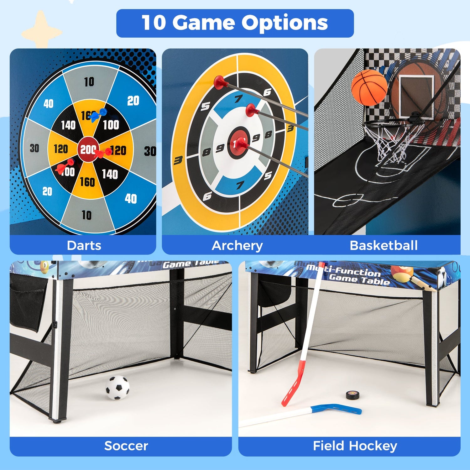 Juego de mesa de juegos combinados 10 en 1 con tenis de mesa, baloncesto y fútbol - Azul