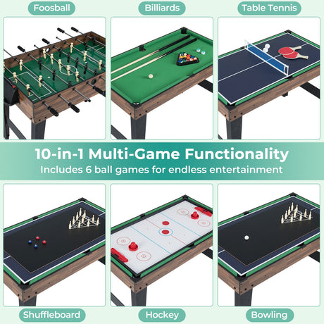 Mesa de juegos combinada 10 en 1, mesa multijuego de 50 pulgadas con futbolín - Marrón