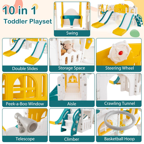 Tobogán y columpio para niños pequeños 10 en 1 con toboganes dobles y túnel