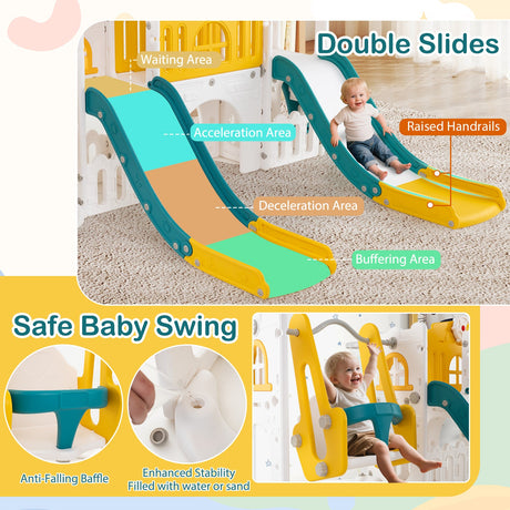 Tobogán y columpio para niños pequeños 10 en 1 con toboganes dobles y túnel