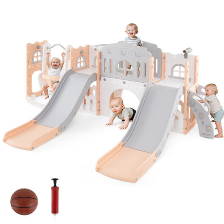 Tobogán y columpio para niños pequeños 10 en 1 con toboganes dobles y túnel