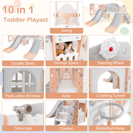 Tobogán y columpio para niños pequeños 10 en 1 con toboganes dobles y túnel