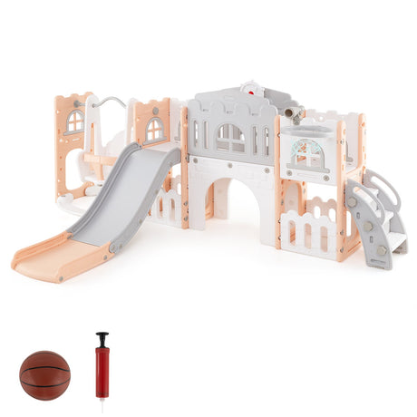 Set de columpios y tobogán 10 en 1 para niños pequeños, centro de juegos para escalar con aro de baloncesto