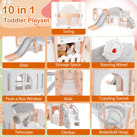 Set de columpios y tobogán 10 en 1 para niños pequeños, centro de juegos para escalar con aro de baloncesto