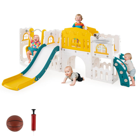Set de columpios y tobogán 10 en 1 para niños pequeños, centro de juegos para escalar con aro de baloncesto
