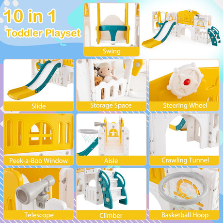 Set de columpios y tobogán 10 en 1 para niños pequeños, centro de juegos para escalar con aro de baloncesto