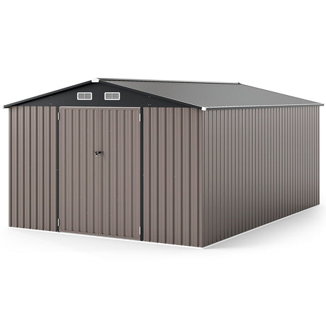Cobertizo de almacenamiento para exteriores de 10 x 14 pies con estructura metálica mejorada a prueba de viento - Gris