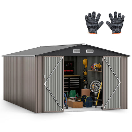 Cobertizo de almacenamiento para exteriores de 10 x 14 pies con estructura metálica mejorada a prueba de viento - Gris