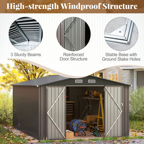 Cobertizo de almacenamiento para exteriores de 10 x 14 pies con estructura metálica mejorada a prueba de viento - Gris