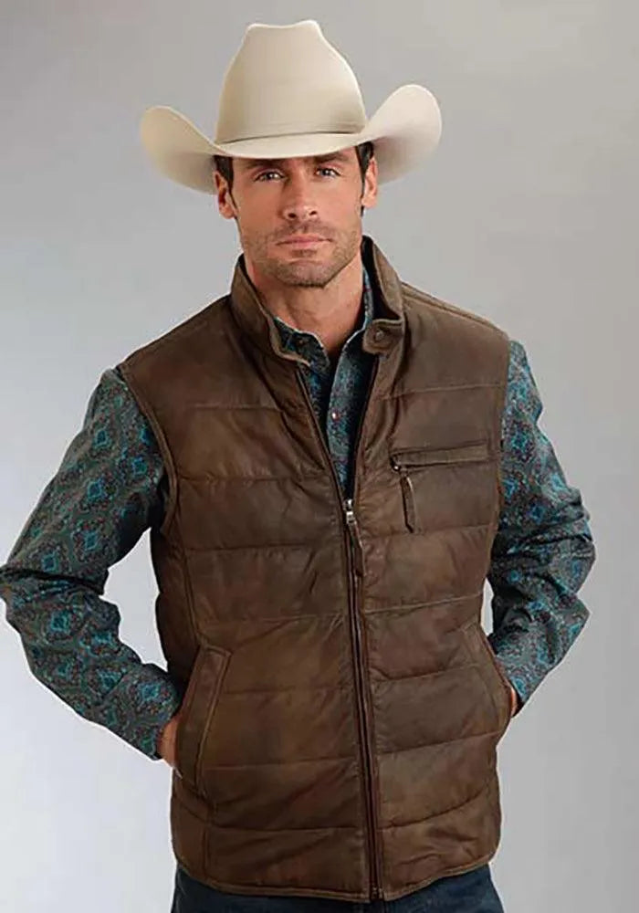 Chaleco acolchado de gamuza Stetson (marrón) - Chaleco de cuero para hombre