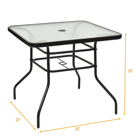 Mesa cuadrada de 32 pulgadas para patio con marco de acero y cristal templado