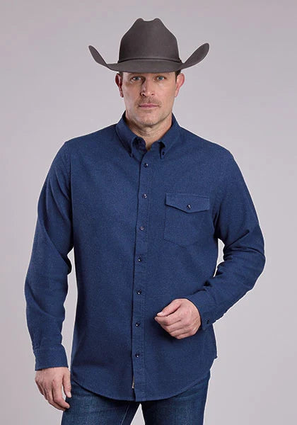 Camisa Vaquera para Hombre Stetson 2473 Franela Jaspeada (Azul Marino)