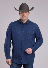 Camisa Vaquera para Hombre Stetson 2473 Franela Jaspeada (Azul Marino)