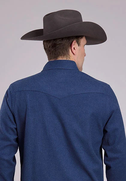 Camisa Vaquera para Hombre Stetson 2473 Franela Jaspeada (Azul Marino)