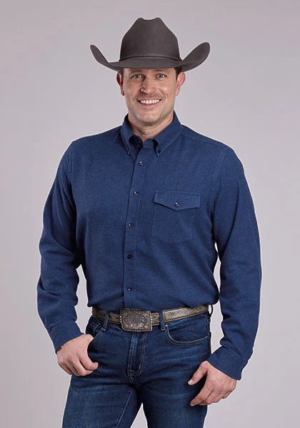 Camisa Vaquera para Hombre Stetson 2473 Franela Jaspeada (Azul Marino)