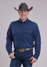 Camisa Vaquera para Hombre Stetson 2473 Franela Jaspeada (Azul Marino)