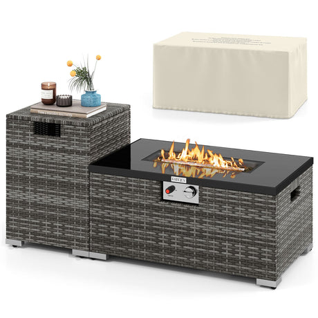 Juego de 2 piezas de mesa de fuego de ratán para exterior, fogón de gas rectangular de 32 pulgadas con cubierta para el tanque