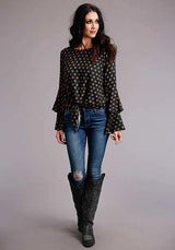 Stetson 00442 Blusa de mujer con mangas acampanadas y lunares de caballo (negro)