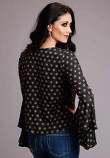 Stetson 00442 Blusa de mujer con mangas acampanadas y lunares de caballo (negro)