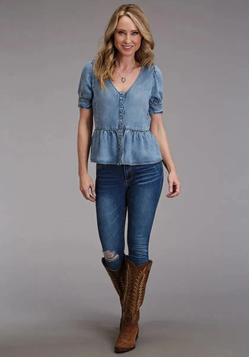 Blusa campesina de lyocell Stetson (azul) - Camisa de manga corta para mujer