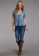 Blusa campesina de lyocell Stetson (azul) - Camisa de manga corta para mujer