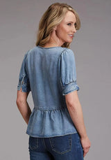 Blusa campesina de lyocell Stetson (azul) - Camisa de manga corta para mujer