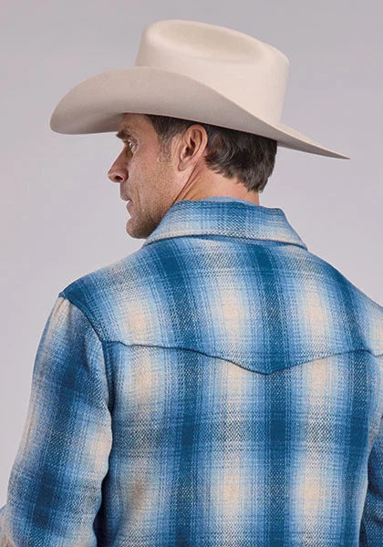 Chaqueta camisera de lana a cuadros con 2 bolsillos Stetson (azul) - Hombre