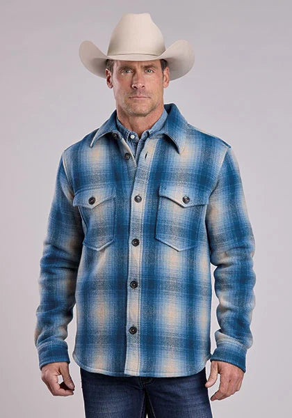 Chaqueta camisera de lana a cuadros con 2 bolsillos Stetson (azul) - Hombre