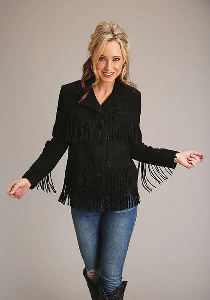 Chaqueta Stetson con flecos y botones delanteros (Negro) - Chaqueta de mujer de ante de cordero