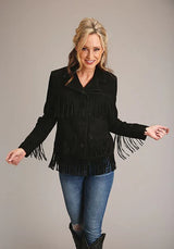 Chaqueta Stetson con flecos y botones delanteros (Negro) - Chaqueta de mujer de ante de cordero