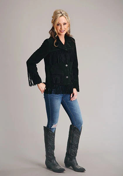 Chaqueta Stetson con flecos y botones delanteros (Negro) - Chaqueta de mujer de ante de cordero