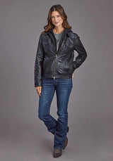 Chaqueta de cuero Stetson con capucha estilo vaquero (negra) - Para mujer