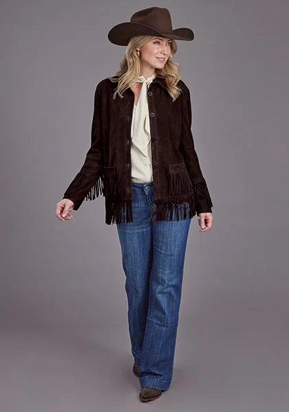 Chaqueta de cuero de gamuza con flecos y botones Stetson (Marrón) - Para mujer