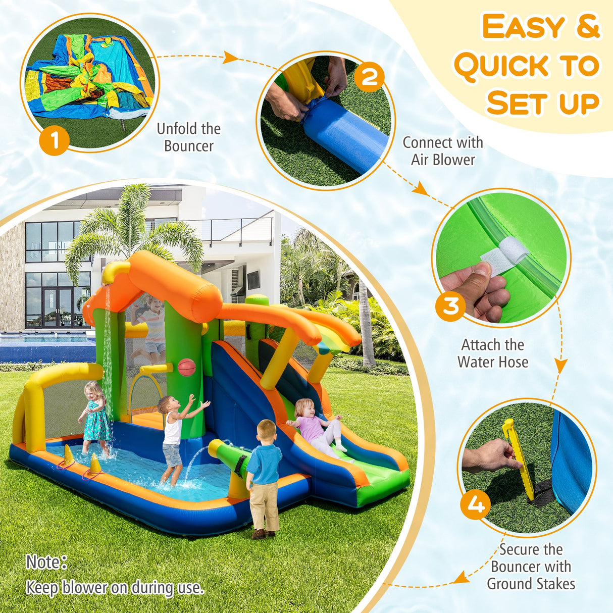 Parque Acuático Hinchable con Tobogán y Soplador de 480W