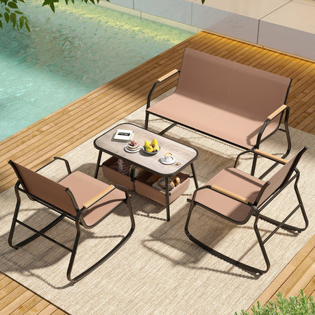 Juego de muebles de patio de 4 piezas con sillas de bistró mecedoras y tela de malla transpirable - Café