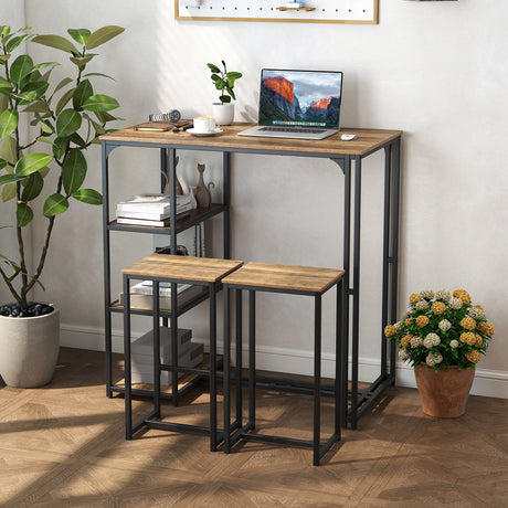 Juego de mesa de bar de 3 piezas para 2, mesa de comedor con altura de bar con 2 taburetes, marrón rústico