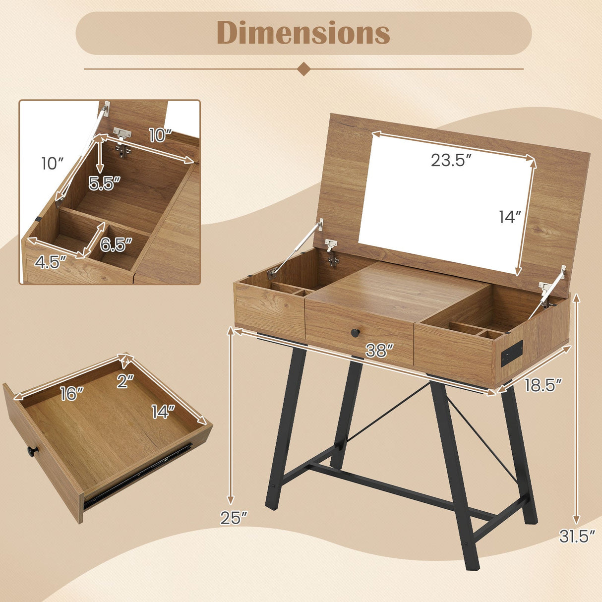 Tocador con espejo elevable, mesa de maquillaje, estilo rústico-marrón