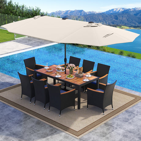 Juego de comedor de patio de 11 piezas con sombrilla LED para patio con base y cojines de asiento (azul marino)
