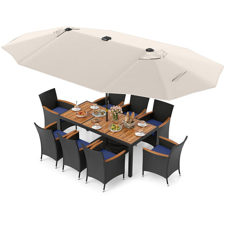 Juego de comedor de patio de 11 piezas con sombrilla LED para patio con base y cojines de asiento (azul marino)