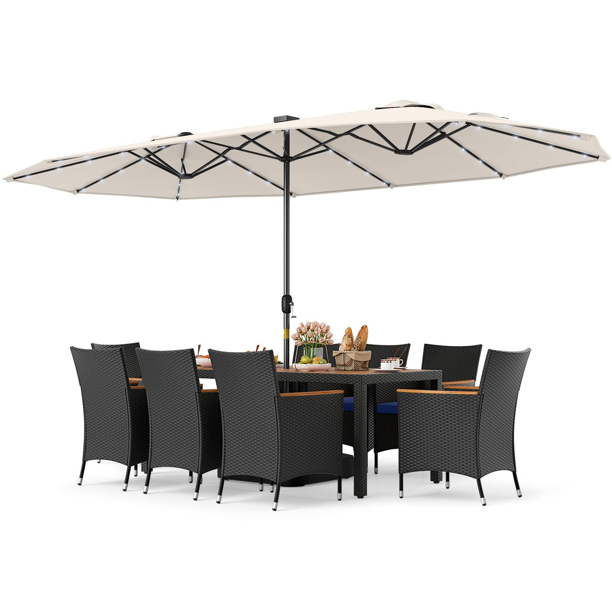 Juego de comedor de patio de 11 piezas con sombrilla LED para patio con base y cojines de asiento (azul marino)