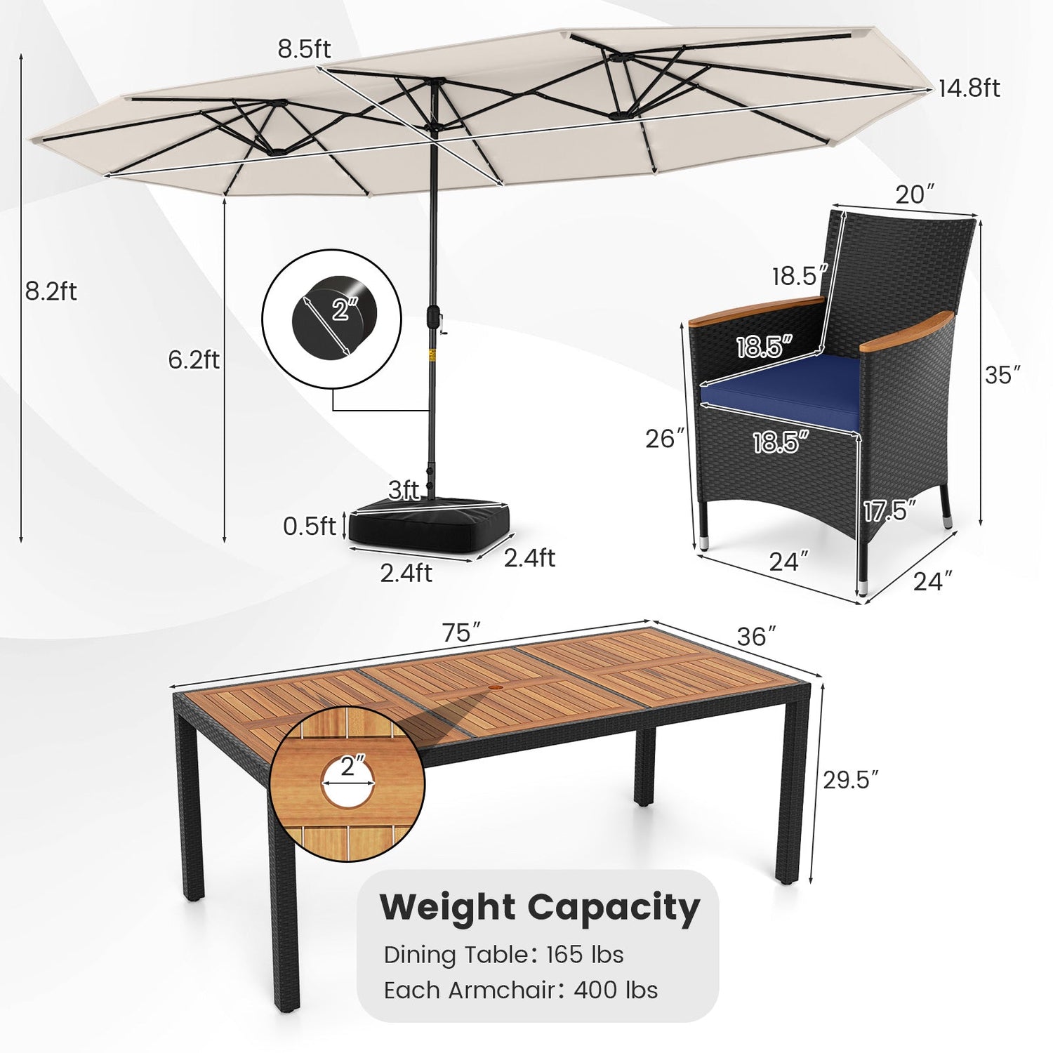 Juego de comedor de patio de 11 piezas con sombrilla LED para patio con base y cojines de asiento (azul marino)
