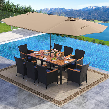 Juego de comedor de patio de 11 piezas con sombrilla LED para patio con base y cojines de asiento (azul marino)