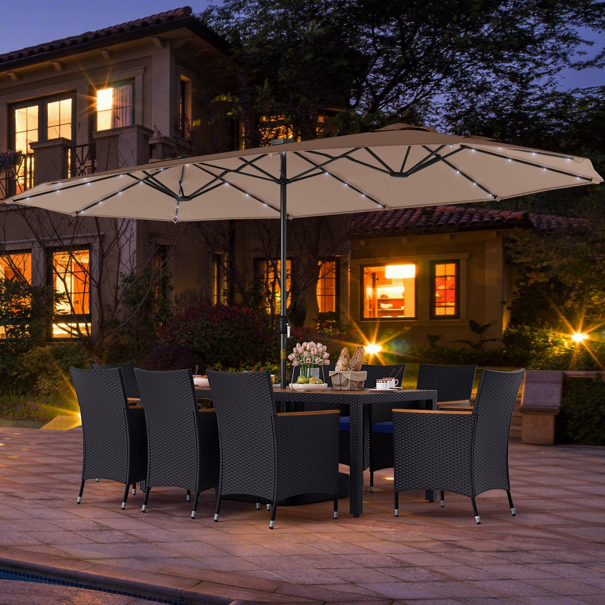 Juego de comedor de patio de 11 piezas con sombrilla LED para patio con base y cojines de asiento (azul marino)