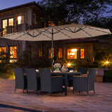 Juego de comedor de patio de 11 piezas con sombrilla LED para patio con base y cojines de asiento (azul marino)