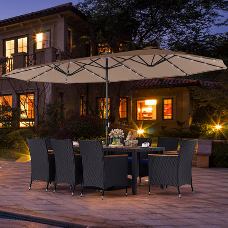 Juego de comedor de patio de 11 piezas con sombrilla LED para patio con base y cojines de asiento (azul marino)