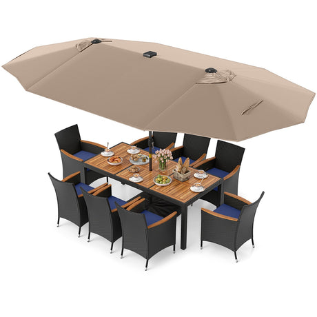 Juego de comedor de patio de 11 piezas con sombrilla LED para patio con base y cojines de asiento (azul marino)