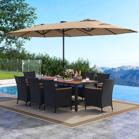 Juego de comedor de patio de 11 piezas con sombrilla LED para patio con base y cojines de asiento (azul marino)