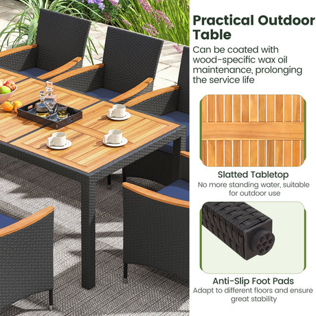 Juego de comedor de patio de 11 piezas con sombrilla LED para patio con base y cojines de asiento (azul marino)