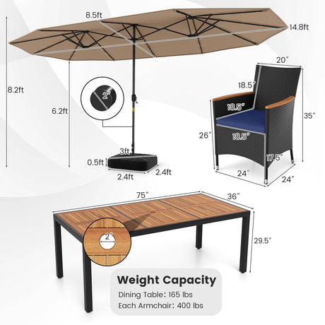 Juego de comedor de patio de 11 piezas con sombrilla LED para patio con base y cojines de asiento (azul marino)