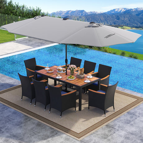 Juego de comedor de patio de 11 piezas con sombrilla LED para patio con base y cojines de asiento (azul marino)
